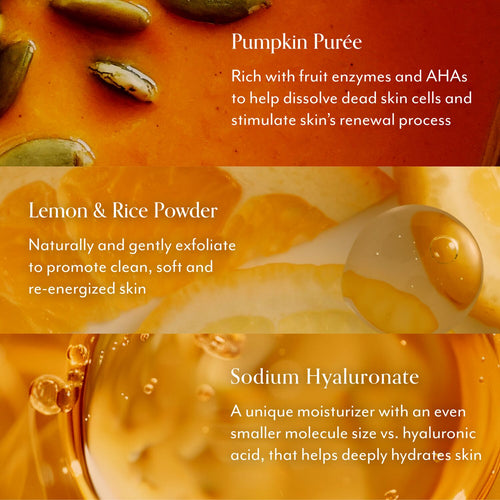 Bliss Pumpkin Face Mask key ingredients include Pumpkin Puree, Lemon & Rice Powder, and Sodium Hyaluronate 