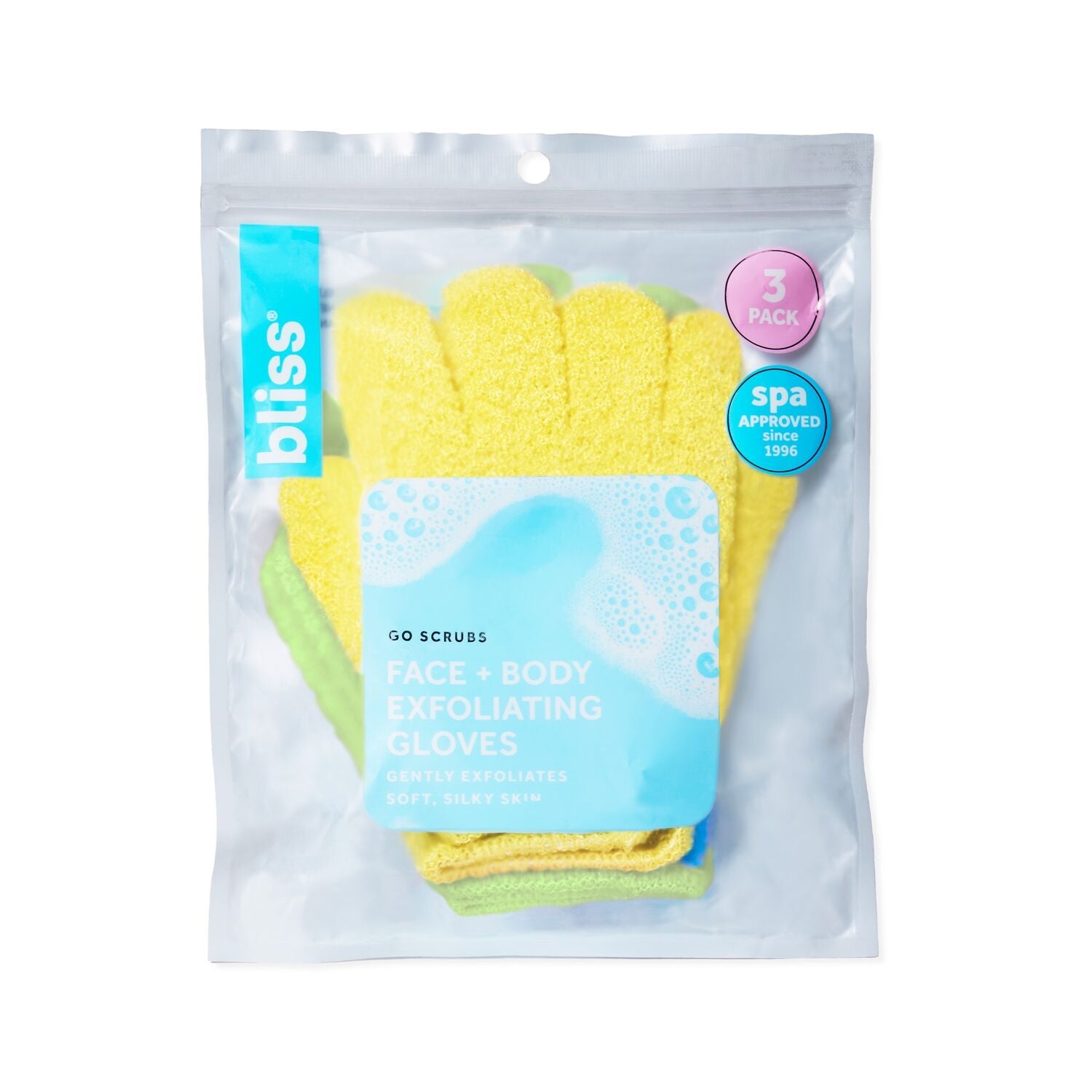 Free Go Scrubs Face + Body Exfoliating Gloves-Yellow/Green/Blue