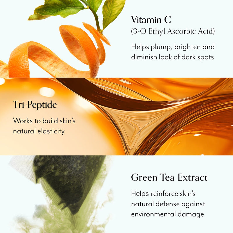 Ingredients inlcude: Vitamin C, Tri-Peptide, and Green Tea Extract