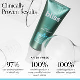 Bliss Clear Genius Body Acne Spray clinically proven results including 97% of people seeing improvement in their skin clarity after 1 week