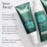 Bliss Clear Genius Body Acne Spray how to use instructions - shake before use and spray evenly onto clean, dry skin. Do not spray onto face. This product is good for all skin types, especially oily and acne prone