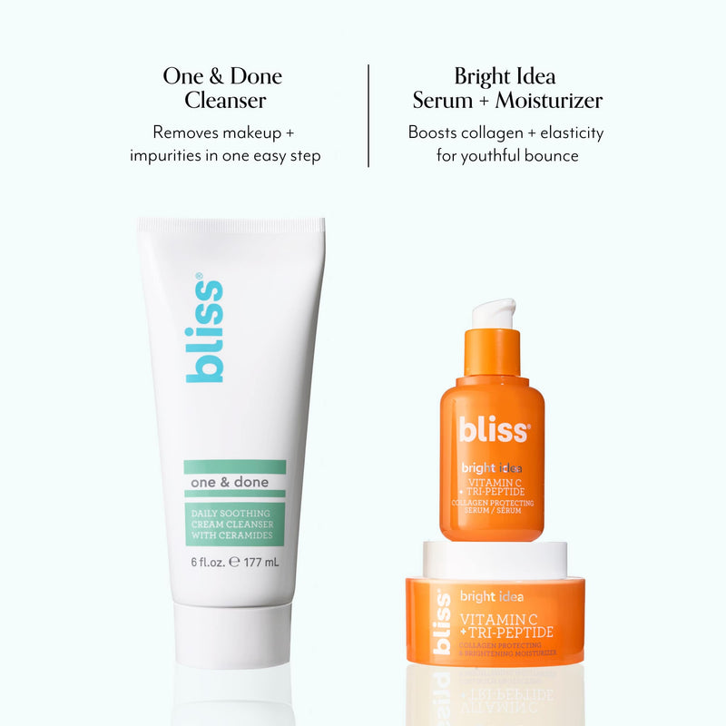 Bliss One & Done Daily Soothing Cream Cleanser with Ceramides pairs well with Bright Idea Serum and Moisturizer