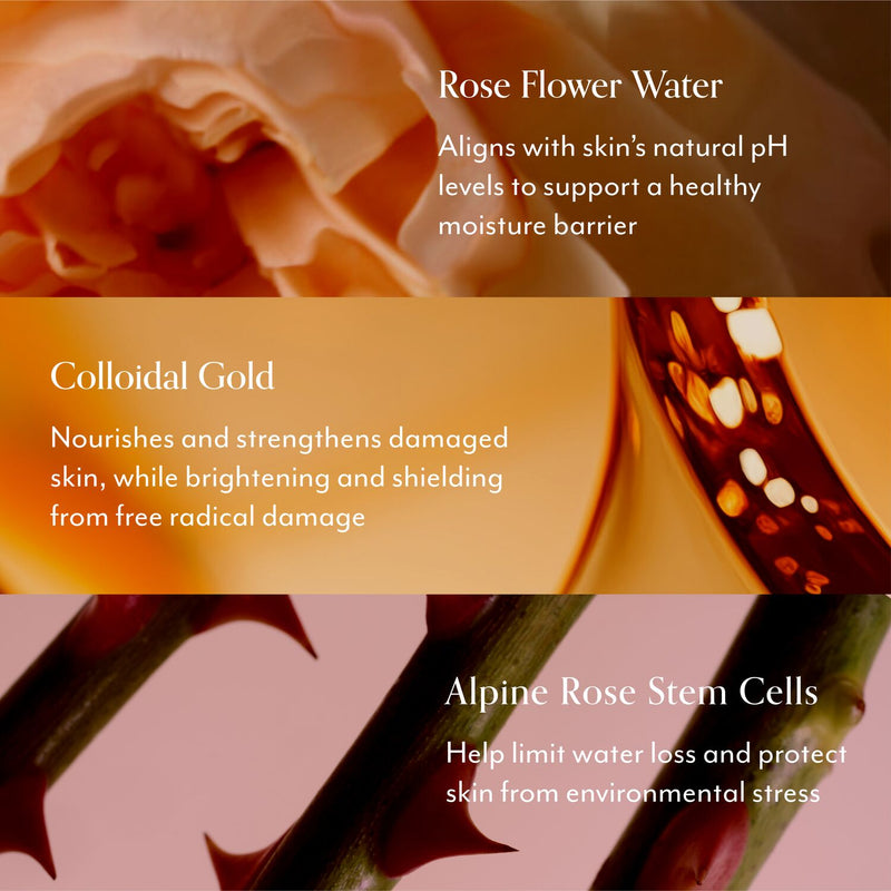 Rose Gold Rescue Rose Water Moisturizer Key Ingredients: Rose Flower Water, Colloidal Gold, and Alpine Rose Stem Cells